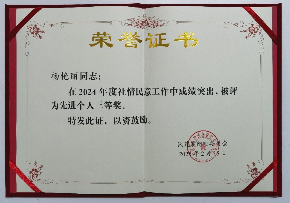 杨艳丽同志荣获2024年度社情民意工作先进个人奖
